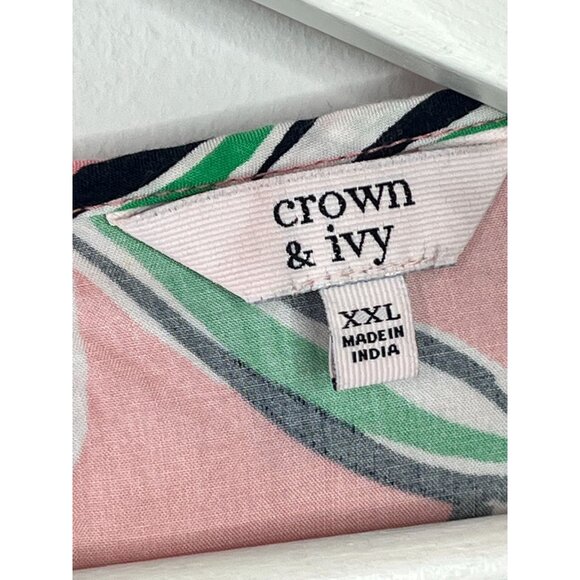 Crown and Ivy Top Womens XXL Shirt Peasant Blouse Pink Green Work Casual Floral - Picture 4 of 16